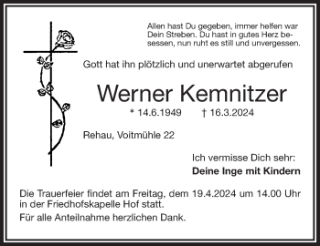 Traueranzeige von Werner Kemnitzer von Frankenpost