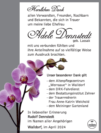 Traueranzeige von Adele Dennstedt von Südthüringer Presse
