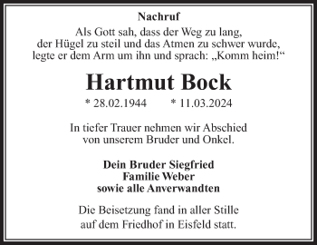 Traueranzeige von Hartmut Bock von Südthüringer Presse