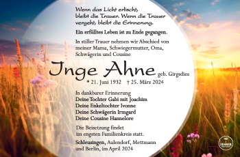 Traueranzeige von Inge Ahne von Südthüringer Presse
