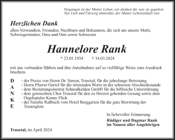 Traueranzeige von Hannelore Rank von Südthüringer Presse