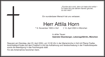 Traueranzeige von Attila Horn von Frankenpost