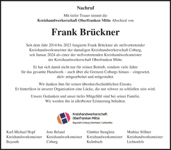 Traueranzeige von Frank Brückner von Neue Presse Coburg