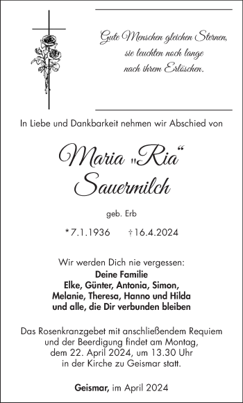 Traueranzeige von Maria Sauermilch von Südthüringer Presse