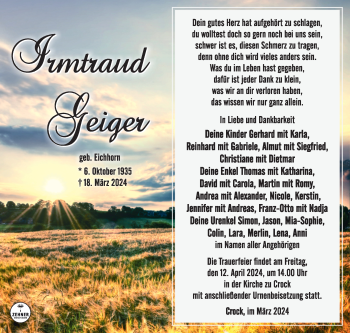 Traueranzeige von Irmtraud Geiger von Südthüringer Presse