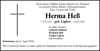 Traueranzeige von Herma Heß von Neue Presse Coburg