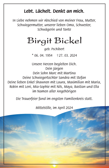 Traueranzeige von Birgit Bickel von Südthüringer Presse