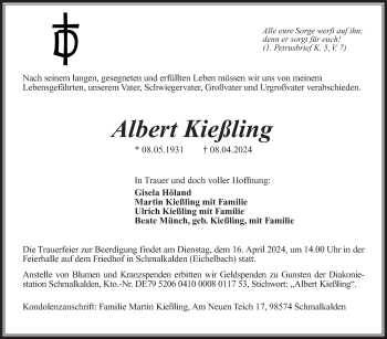 Traueranzeige von Albert Kießling von Südthüringer Presse