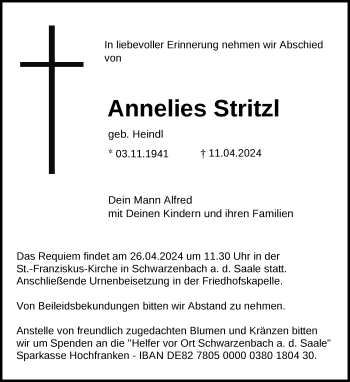 Traueranzeige von Annelies Stritzl von Frankenpost