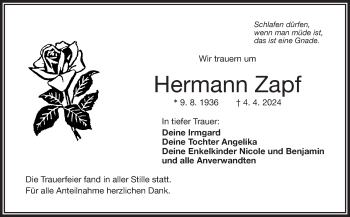 Traueranzeige von Hermann Zapf von Frankenpost