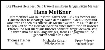 Traueranzeige von Hans Meißner von Frankenpost