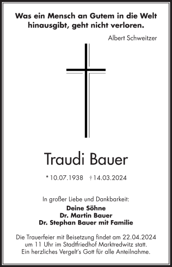 Traueranzeige von Traudi Bauer von Frankenpost