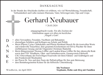 Traueranzeige von Gerhard Neubauer von Neue Presse Coburg