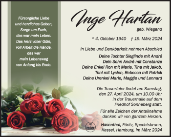Traueranzeige von Inge Hartan von Südthüringer Presse