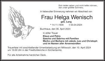 Traueranzeige von Helga Wenisch von Frankenpost