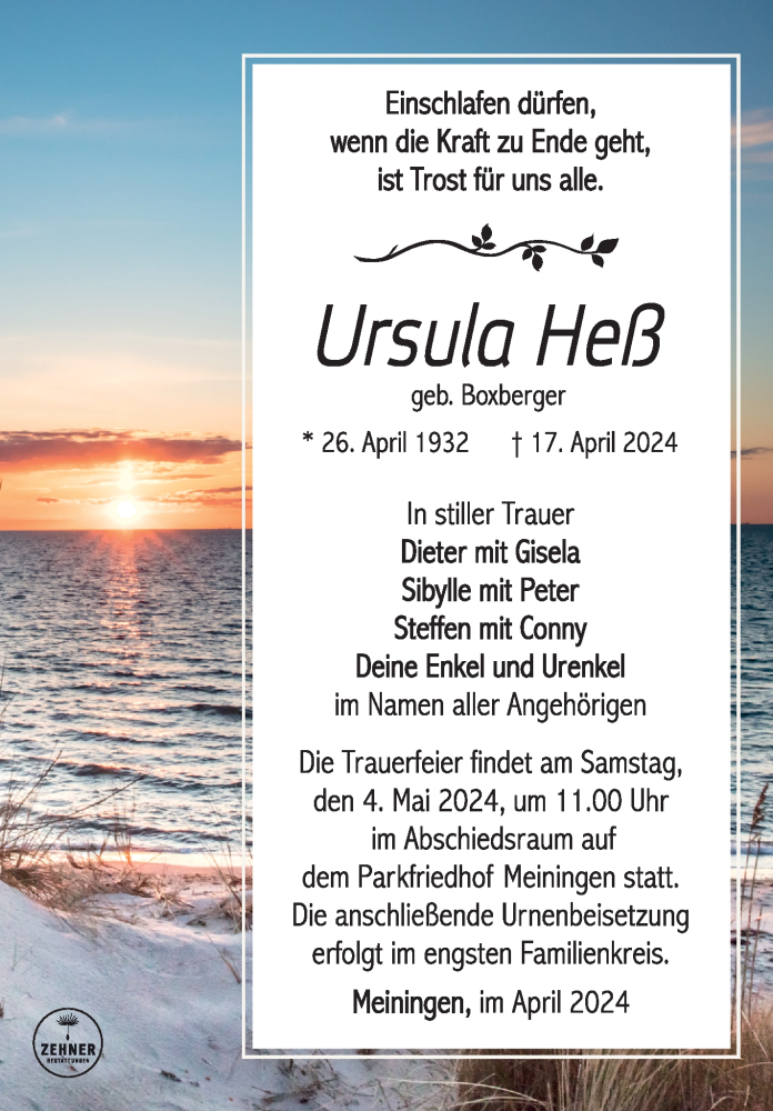  Traueranzeige für Ursula Heß vom 27.04.2024 aus Südthüringer Presse