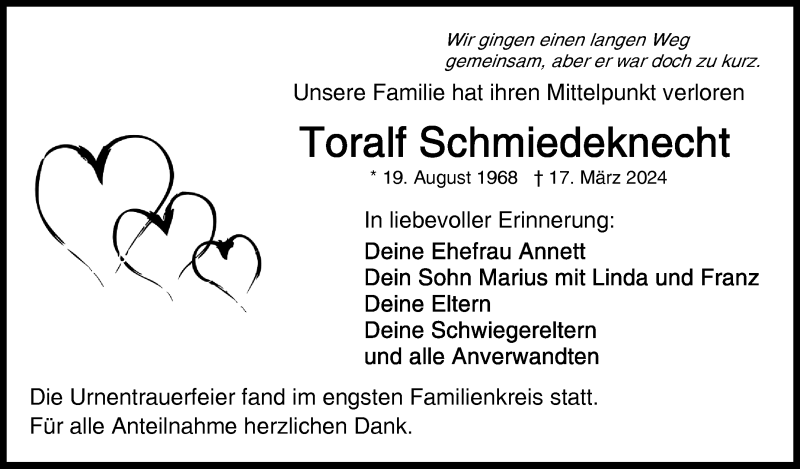  Traueranzeige für Toralf Schmiedeknecht vom 06.04.2024 aus Frankenpost