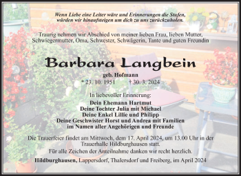 Traueranzeige von Barbara Langbein von Südthüringer Presse
