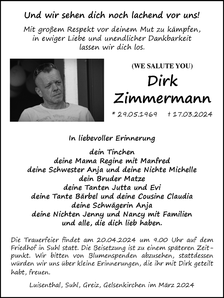  Traueranzeige für Dirk Zimmermann vom 06.04.2024 aus Südthüringer Presse