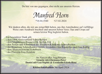 Traueranzeige von Manfred Horn von Südthüringer Presse