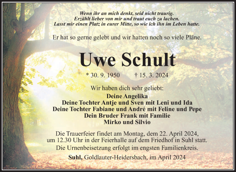  Traueranzeige für Uwe Schult vom 06.04.2024 aus Südthüringer Presse