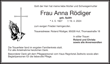 Traueranzeige von Anna Rödiger von Frankenpost