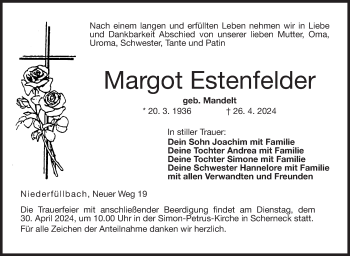 Traueranzeige von Margot Estenfelder von Neue Presse Coburg