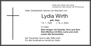 Traueranzeige von Lydia Wirth von Frankenpost