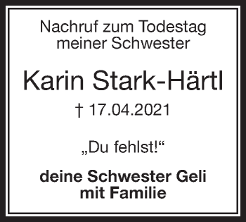 Traueranzeige von Karin Stark-Härtl von Frankenpost