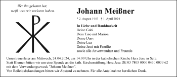 Traueranzeige von Johann Meißner von Frankenpost