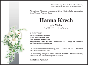 Traueranzeige von Hanna Krech von Südthüringer Presse