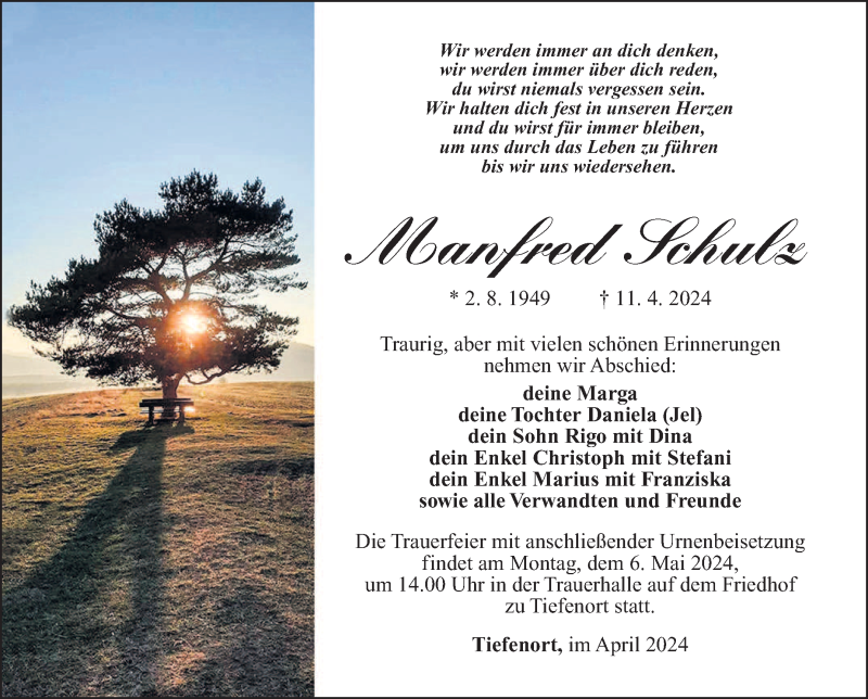  Traueranzeige für Manfred Schulz vom 30.04.2024 aus Südthüringer Presse