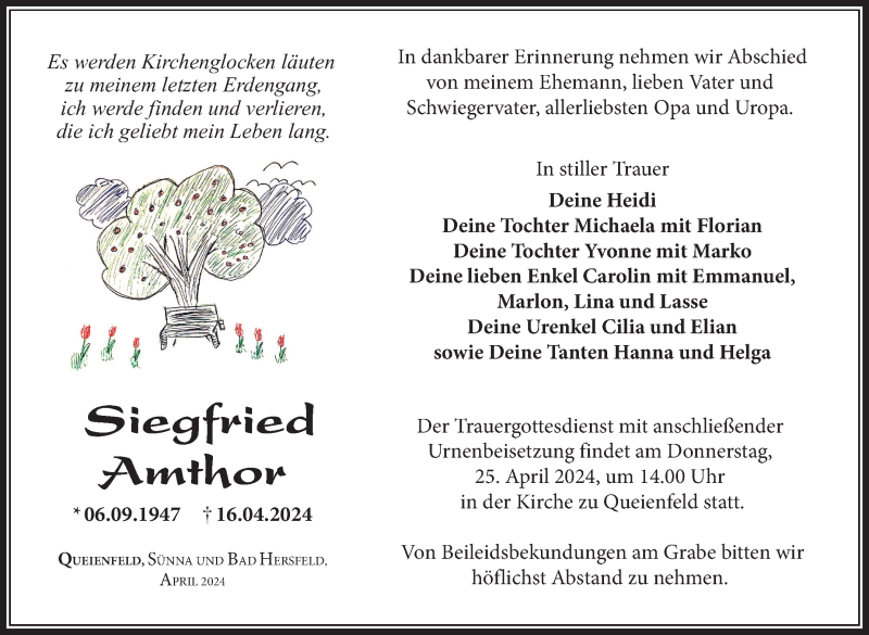  Traueranzeige für Siegfried Amthor vom 24.04.2024 aus Südthüringer Presse