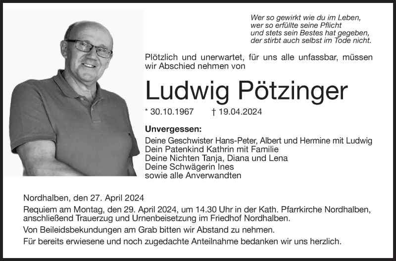  Traueranzeige für Ludwig Pötzinger vom 27.04.2024 aus Neue Presse Coburg