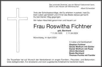 Traueranzeige von Roswitha Fichtner von Frankenpost