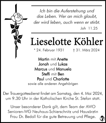 Traueranzeige von Lieselotte Köhler von Südthüringer Presse