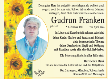Traueranzeige von Gudrun Franken von Südthüringer Presse