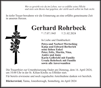 Traueranzeige von Gerhard Rohrbeck von Südthüringer Presse