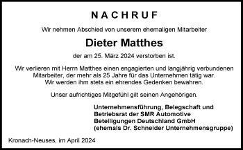 Traueranzeige von Dieter Matthes von Neue Presse Coburg