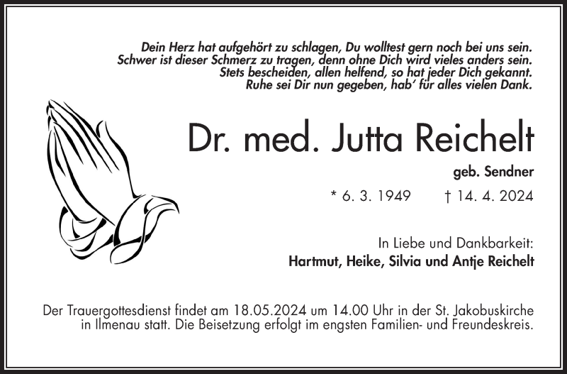  Traueranzeige für Jutta Reichelt vom 20.04.2024 aus Südthüringer Presse