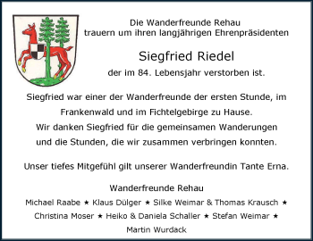Traueranzeige von Siegfried Riedel von Frankenpost