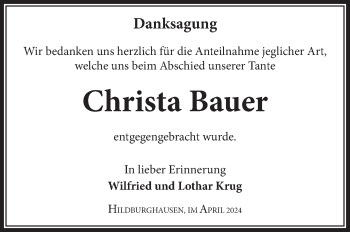 Traueranzeige von Christa Bauer von Südthüringer Presse