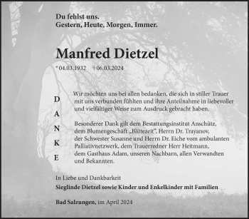 Traueranzeige von Manfred Dietzel von Südthüringer Presse