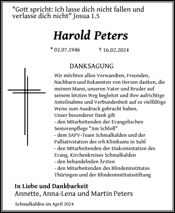 Traueranzeige von Harold Peters von Südthüringer Presse