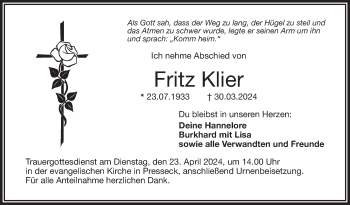 Traueranzeige von Fritz Klier von Frankenpost