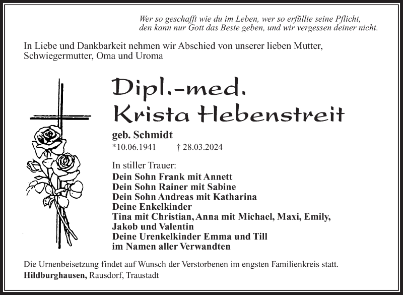  Traueranzeige für Krist Hebenstreit vom 13.04.2024 aus Südthüringer Presse