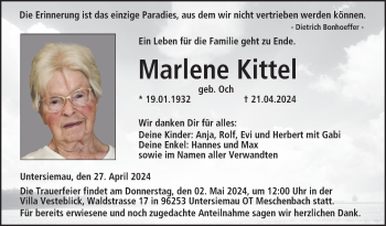 Traueranzeige von Marlene Kittel von Neue Presse Coburg