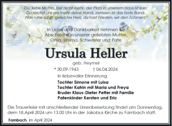 Traueranzeige von Ursula Heller von Südthüringer Presse