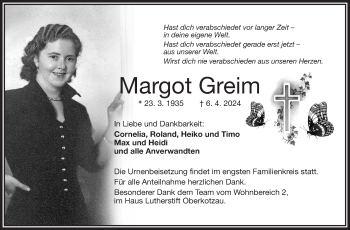 Traueranzeige von Margot Greim von Frankenpost