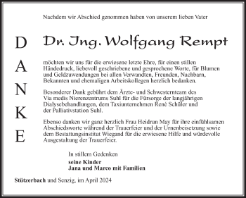 Traueranzeige von Wolfgang Rempt von Südthüringer Presse